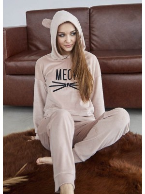 Женская велюровая пижама домашний костюм MEOW двойка кофта и штаны 7341-911 Мокко