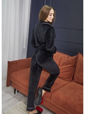 Жіноча велюрова піжама домашній костюм двійка сорочка на гудзиках і штани 7441-902 Чорний