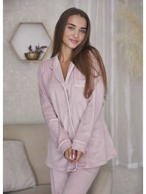 Жіноча велюрова піжама домашній костюм двійка сорочка на гудзиках і штани 7448-902 Пудра