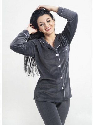 Жіноча велюрова піжама домашній костюм двійка сорочка на гудзиках і штани 7449-902 Графіт