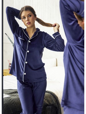 Жіноча велюрова піжама домашній костюм двійка сорочка на гудзиках і штани 7452-902 Темно-синій