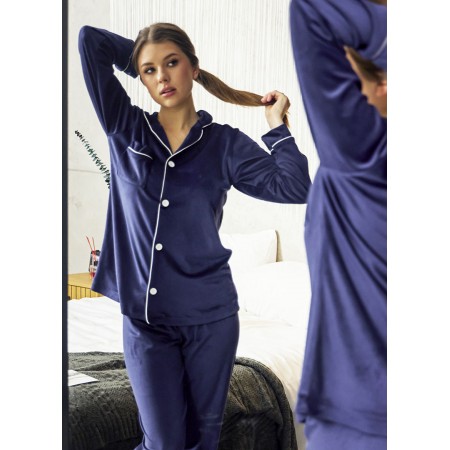 Жіноча велюрова піжама домашній костюм двійка сорочка на гудзиках і штани 7452-902 Темно-синій