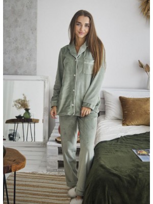 Жіноча велюрова піжама домашній костюм двійка сорочка на гудзиках і штани 7454-902 Фісташка