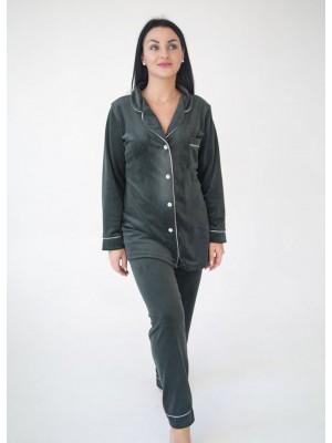 Жіноча велюрова піжама домашній костюм двійка сорочка на гудзиках і штани 7455-902 Хакі