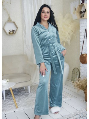 Женская велюровая пижама в рубчик домашний костюм двойка рубашка на пуговицах и штаны 7457-907 Тифані