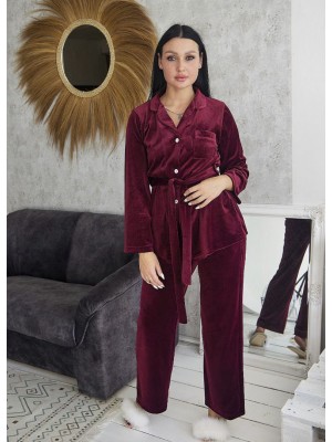 Жіноча велюрова піжама в рубчик домашній костюм двійка сорочка на гудзиках і штани 7458-907 Марсал