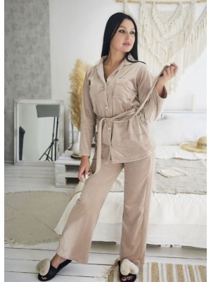 Женская велюровая пижама в рубчик домашний костюм двойка рубашка на пуговицах и штаны 7459-907 Мокко