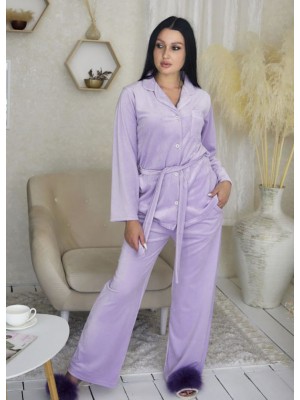 Жіноча велюрова піжама в рубчик домашній костюм двійка сорочка на гудзиках і штани 7460-907 Фіолетовий
