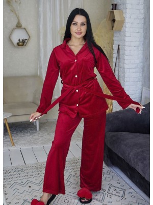 Женская велюровая пижама в рубчик домашний костюм двойка рубашка на пуговицах и штаны 7461-907 Гранат