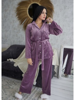 Женская велюровая пижама в рубчик домашний костюм двойка рубашка на пуговицах и штаны 7462-907 Лаванда
