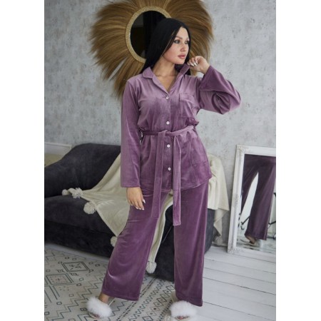 Женская велюровая пижама в рубчик домашний костюм двойка рубашка на пуговицах и штаны 7462-907 Лаванда
