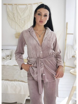 Жіноча велюрова піжама в рубчик домашній костюм двійка сорочка на гудзиках і штани 7463-907 Пудра