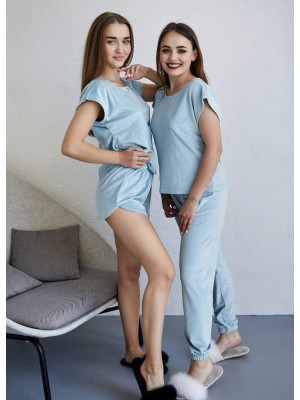 Комплект жіноча велюрова піжама домашній костюм трійка: футболка, шорти та джогери 7470-804-3 Сіро-блакитна
