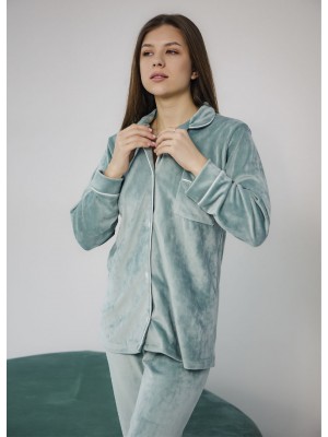 Женская велюровая пижама домашний костюм двойка рубашка на пуговицах и штаны 7488-902 Мята