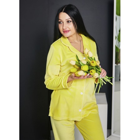 Женская велюровая пижама домашний костюм двойка рубашка на пуговицах и штаны 7489-902 Желтый