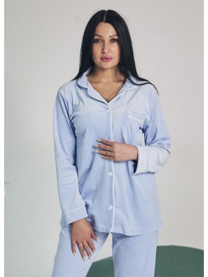 Жіноча велюрова піжама домашній костюм двійка сорочка на гудзиках і штани 7490-902 Небесний