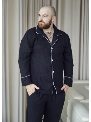 Мужской муслиновый костюм пижама с пуговицами 7296-405 Черный