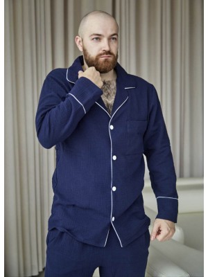 Мужской муслиновый костюм пижама с пуговицами 7297-405 Синий