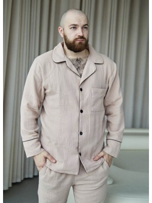 Чоловічий мусліновий костюм піжама з гудзиками 7298-405 Капучино