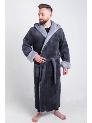 Махровий чоловічий домашній халат з капюшоном на запах 2525 графіт / сірий
