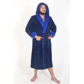 Махровый мужской теплый домашний халат с капюшоном на запах 2527-4002 Синий / электрик