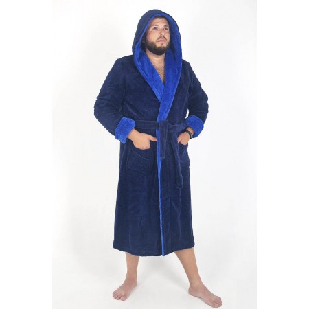 Махровий чоловічий теплий домашній халат з капюшоном на запах 2527-4002 Синій / електрик