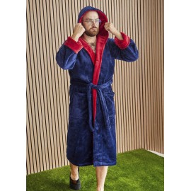 Махровый мужской теплый домашний халат с капюшоном на запах 2573-4002 Синий / бордовый