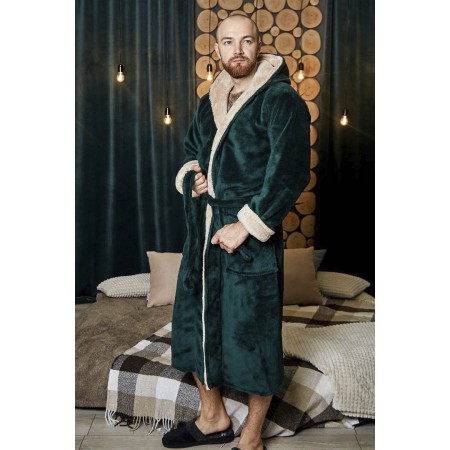 Махровый мужской теплый домашний халат с капюшоном на запах 2613-4002 Изумруд / капучино