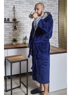 Махровий чоловічий халат синій / сірий з капюшоном на запах 2649