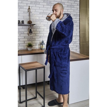 Махровий чоловічий домашній халат з капюшоном на запах 2649 синій / сірий