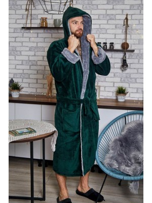 Махровий чоловічий теплий домашній халат з капюшоном на запах 2670-4002 Смарагд / сірий