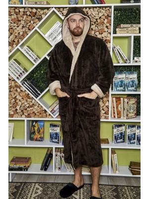 Махровий чоловічий теплий домашній халат з капюшоном на запах 2672-4002 Шоколад / капучино