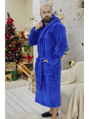 Махровый мужской теплый домашний халат с капюшоном на запах 2691-1023 Электрик