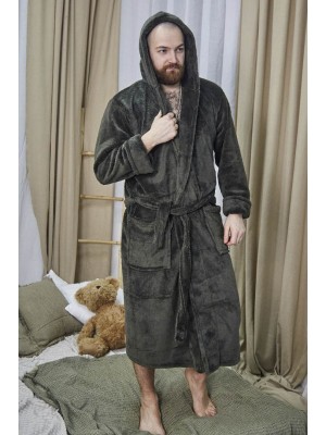 Махровий чоловічий домашній халат з капюшоном на запах 2693 хаки