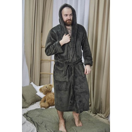 Махровый мужской теплый домашний халат с капюшоном на запах 2693-1023 Хаки