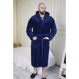 Махровый мужской теплый домашний халат с капюшоном на запах 2694-1023 Королевский синий
