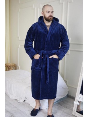 Махровий чоловічий халат королівський синій з капюшоном на запах 2694