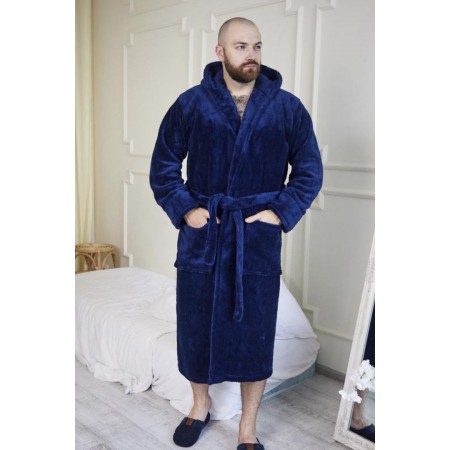 Махровий чоловічий теплий домашній халат з капюшоном на запах 2694-1023 Королівський синій