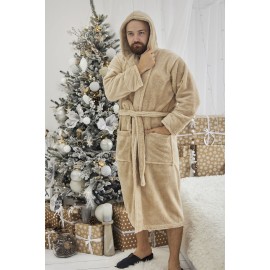 Махровый мужской теплый домашний халат с капюшоном на запах 2696-1023 Капучино