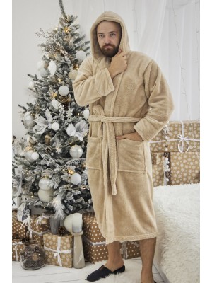 Махровый мужской теплый домашний халат с капюшоном на запах 2696-1023 Капучино