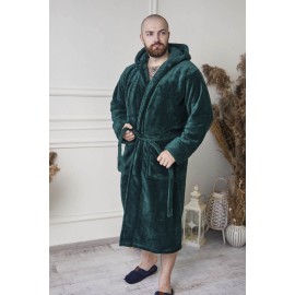 Махровый мужской теплый домашний халат с капюшоном на запах 2853-1023 Изумруд