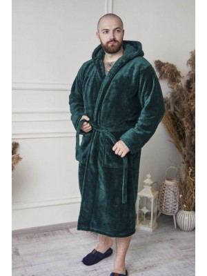 Махровий чоловічий домашній халат з капюшоном на запах 2853 смарагд
