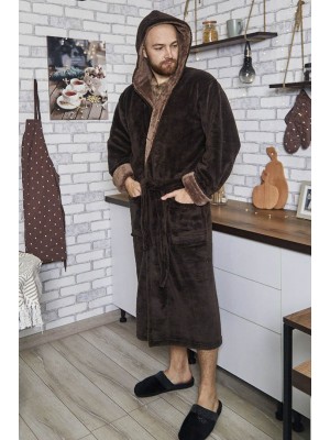 Махровый мужской теплый домашний халат с капюшоном на запах 2854-4002 Шоколад / молочный шоколад