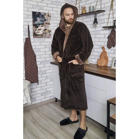 Махровый мужской теплый домашний халат с капюшоном на запах 2854-4002 Шоколад / молочный шоколад