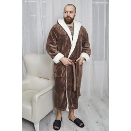 Махровый мужской теплый домашний халат с капюшоном на запах 2887-4002 Молочный шоколад / крем