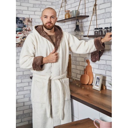 Махровий чоловічий теплий домашній халат з капюшоном на запах 2888-4002 Крем / молочний шоколад