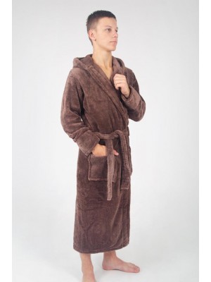 Махровий чоловічий домашній халат з капюшоном на запах 2890 коричневий