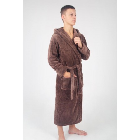 Махровый мужской теплый домашний халат с капюшоном на запах 2890-1023 Молочный шоколад