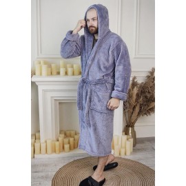 Махровый мужской теплый домашний халат с капюшоном на запах 5312-1023 Серый