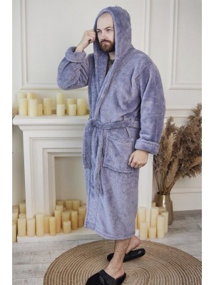 Махровий чоловічий домашній халат з капюшоном на запах 5312 сірий 
